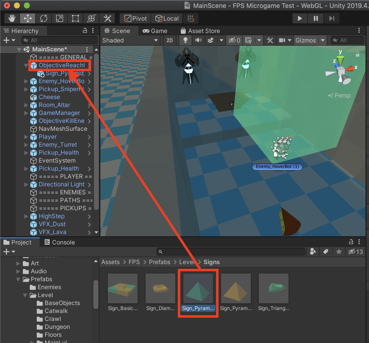 f:id:MrRadiology:20201022081106p:plain 「Sign_Pyramid_Green」プレハブを階層の「ObjectiveReachPoint」にドラッグ&ドロップ