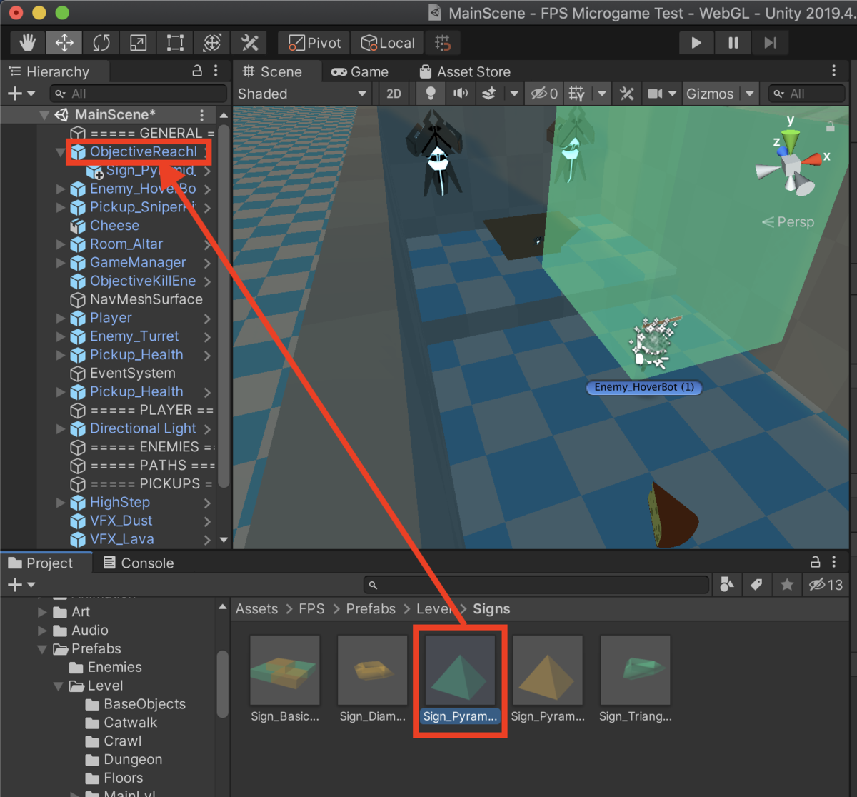 「Sign_Pyramid_Green」プレハブを階層の「ObjectiveReachPoint」にドラッグ＆ドロップ