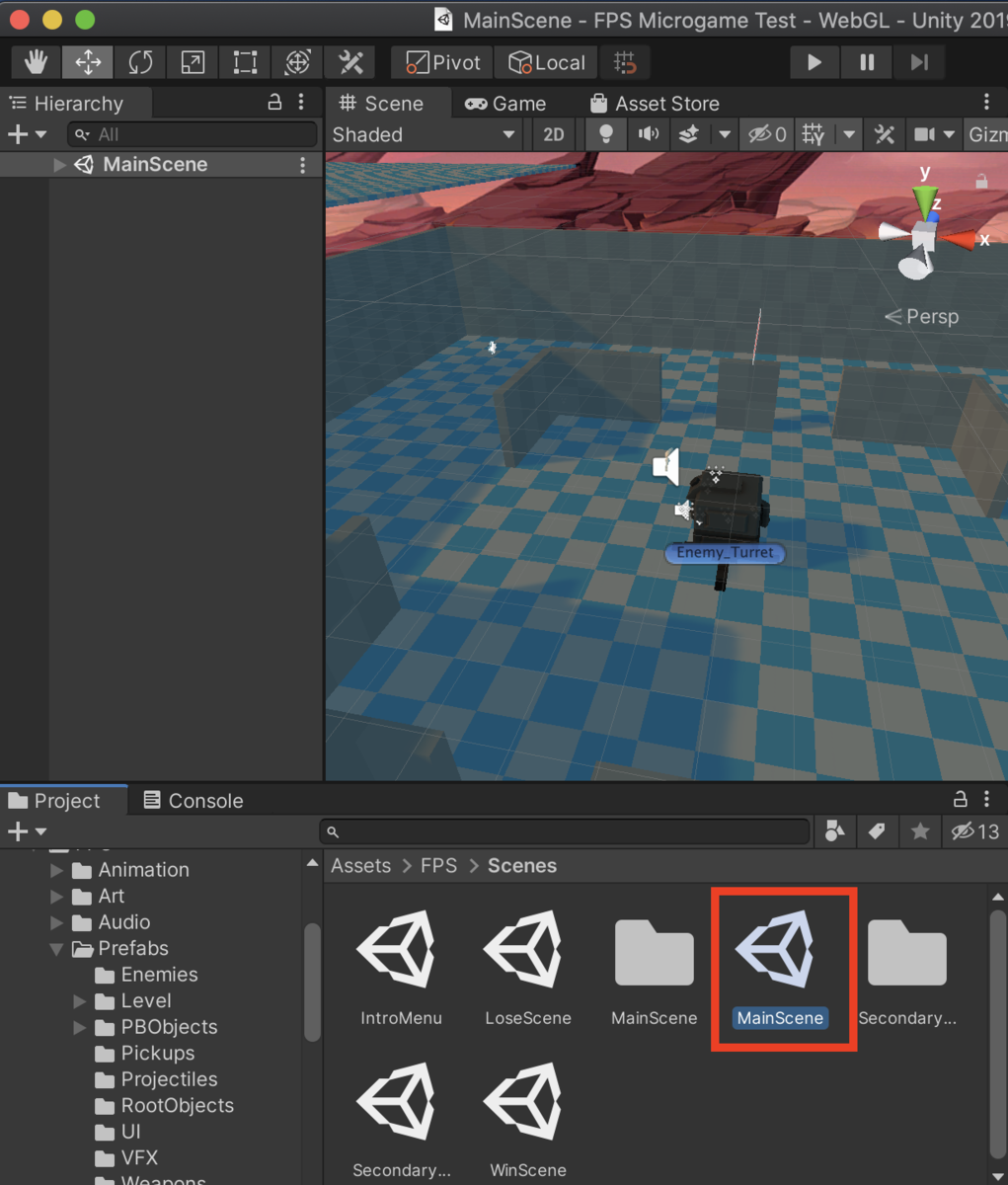 f:id:MrRadiology:20201023081822p:plain Assets > FPS > Sceneにある「MainScene」シーンを見つけてダブルクリック