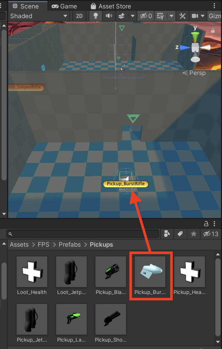 f:id:MrRadiology:20201023082146p:plain 「Pickup_BurstRifle」をシーンにドラッグ&ドロップ