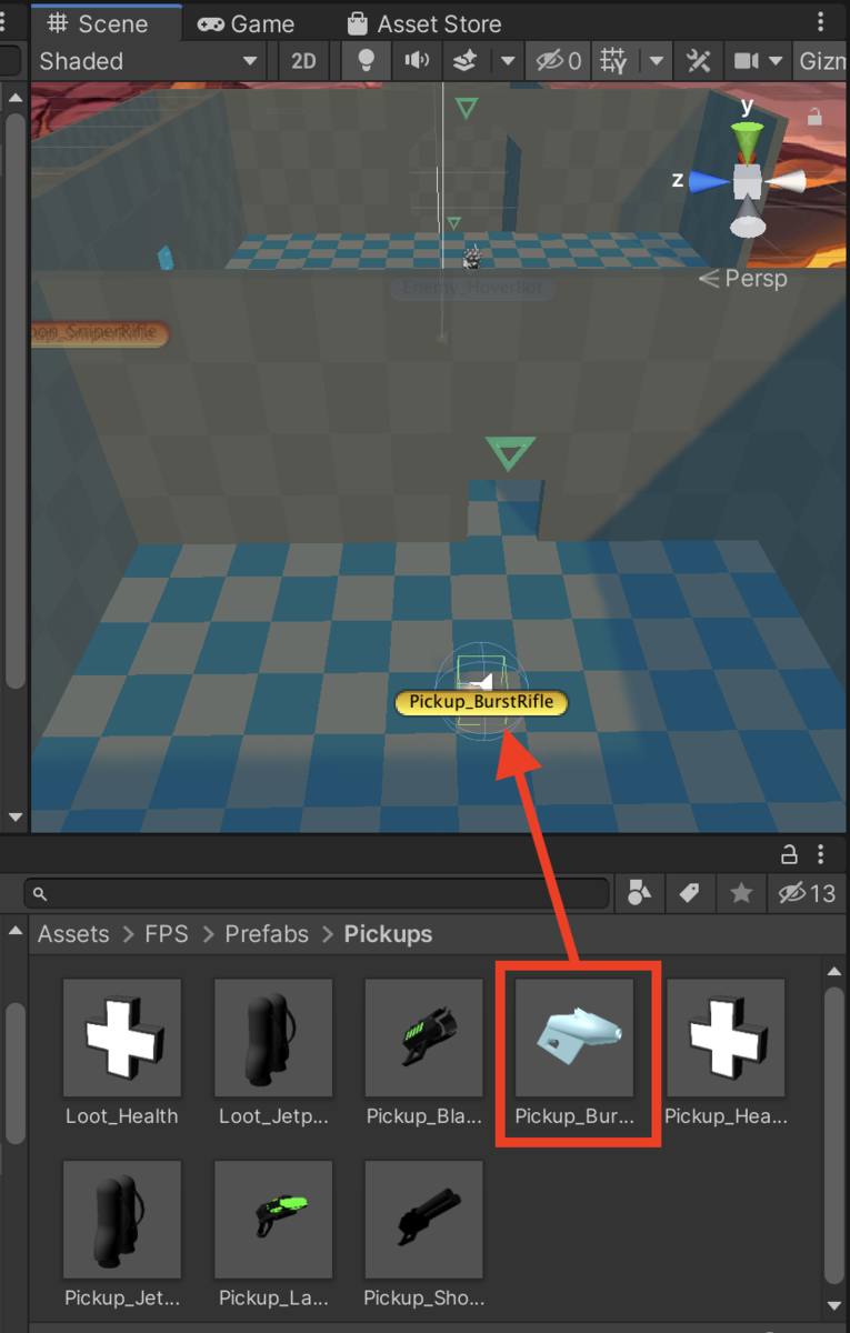 「Pickup_BurstRifle」をシーンにドラッグ＆ドロップ