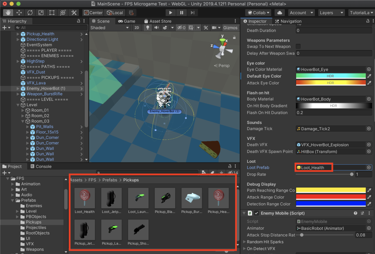 f:id:MrRadiology:20201024180636p:plain 「Assets > FPS > Prefabs > Pickups」を開く