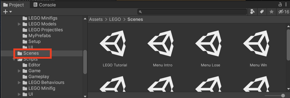 Assets &gt; LEGO &gt; Scenes
