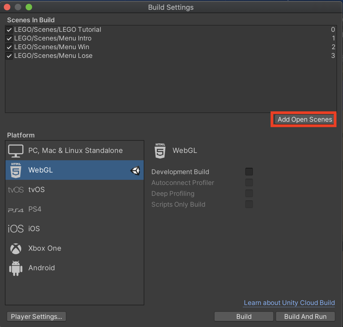 「Add Open Scenes」をクリック