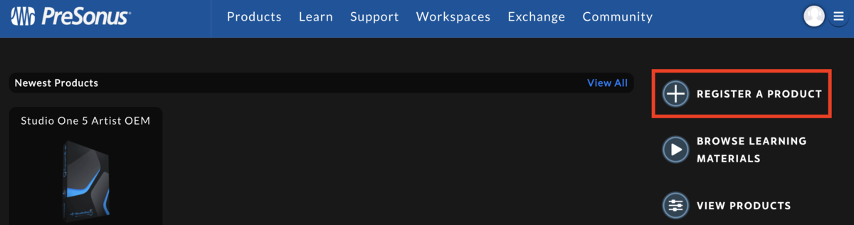 ページ右上部「Register A Product」