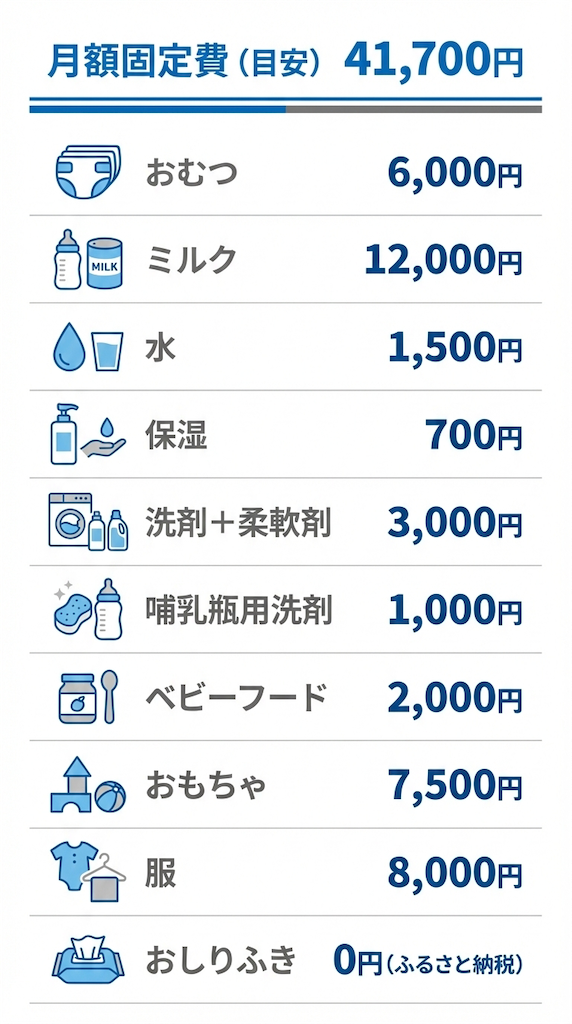 0歳育児の月額固定費の内訳。おむつ・ミルク・日用品・おもちゃ・服などの目安を一覧で見える化した図