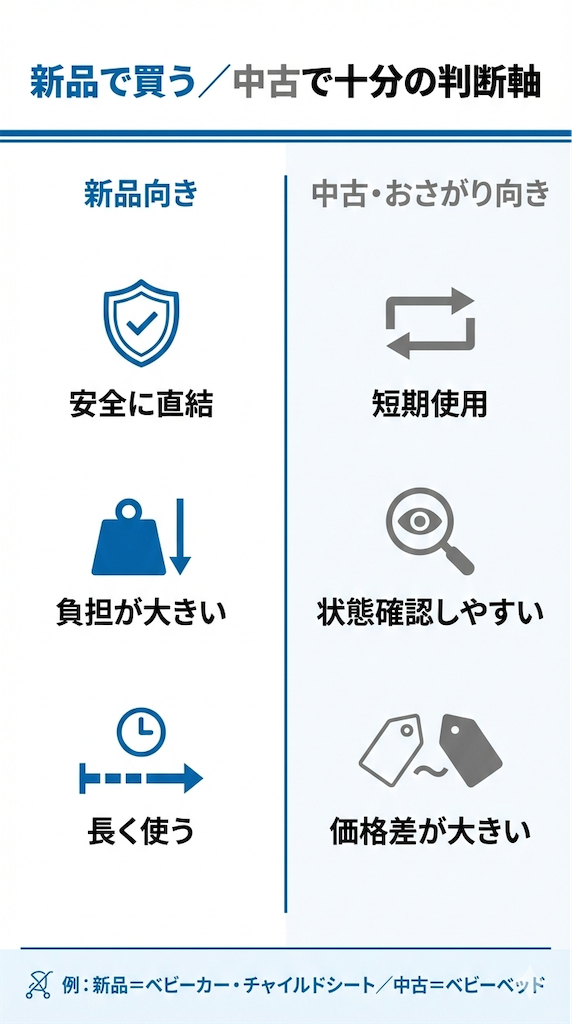 育児用品を新品で買うか中古で十分かの判断軸。安全性・使用期間・状態確認のしやすさで整理した図解