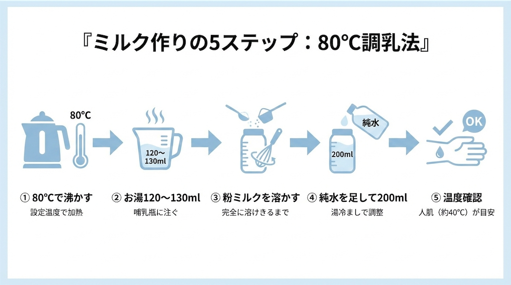 80℃で沸かし、お湯120〜130mlで溶かして純水で200mlに調整するミルク作り5ステップ図解