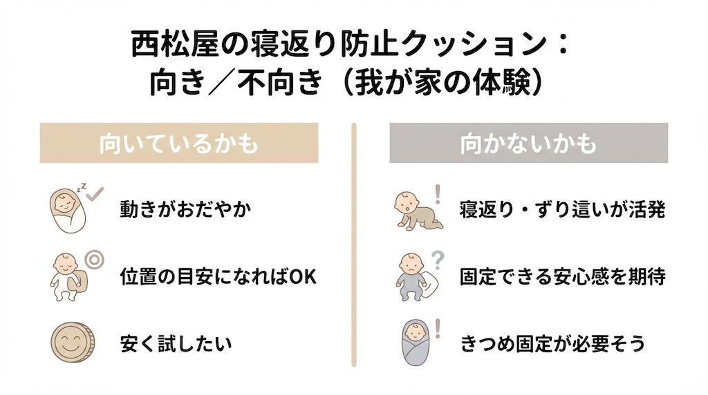 f:id:Murumu:20260130191044p:image 西松屋の寝返り防止クッションが向いている家庭・向かない家庭の目安をまとめた図解(我が家の体験)