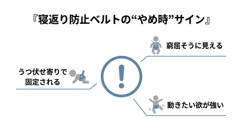 寝返り防止ベルトをやめる判断に使った3つのサイン（うつ伏せ寄りで固定・窮屈・動きたい欲）をまとめた図解