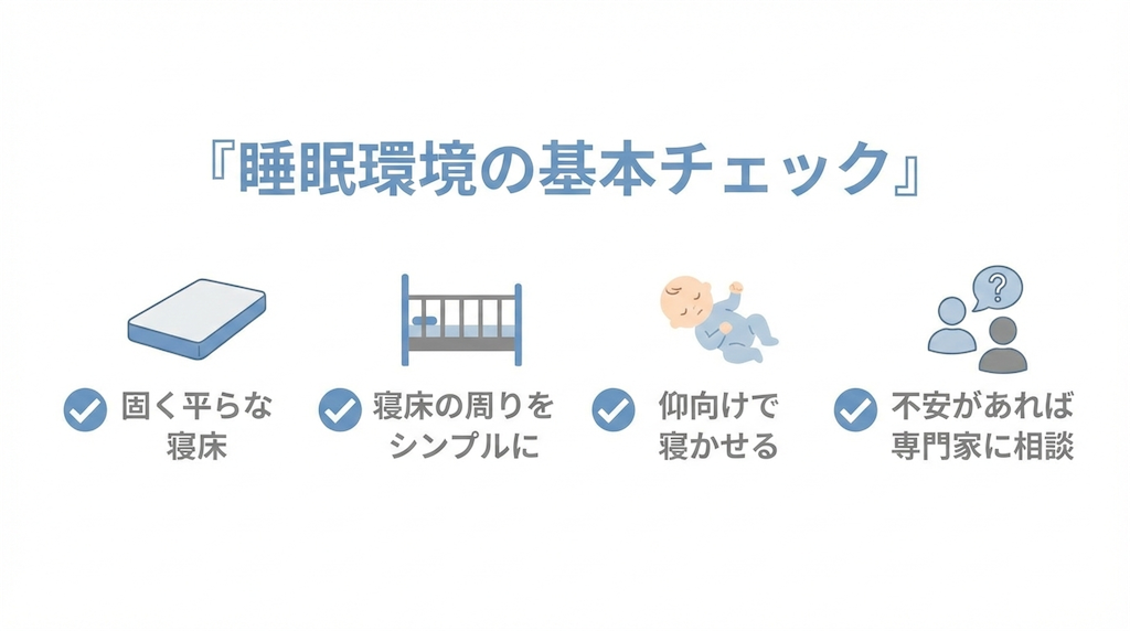 乳児の睡眠環境を整えるための基本チェック（固く平ら・周りをシンプル・仰向け・不安時は相談）