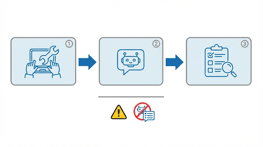 f:id:Murumu:20260224190558p:image 新人のAI活用は順番が重要であることを示す図。左から『自分で手を動かす』→『AIに相談・生成』→『自分で検証・確認』の流れを矢印で表し、AIだけで完了させる使い方に注意を促している。