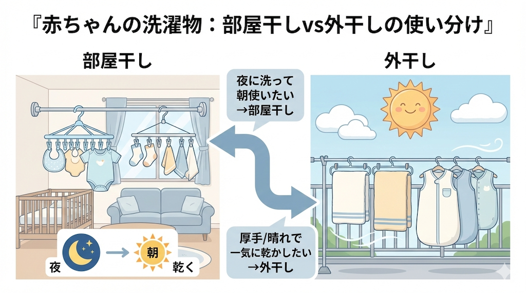 赤ちゃんの洗濯物を部屋干しと外干しで使い分ける図解。リビング部屋干し（10連ベビーハンガーとピンチハンガー、夜干し→朝乾く）と、晴れの日の外干しの判断軸を示したイメージ。