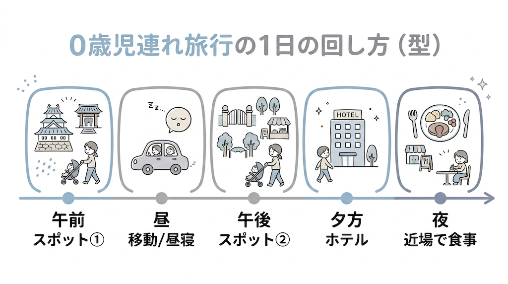 f:id:Murumu:20260302181448p:image 0歳児連れ旅行の1日の回し方を示すタイムライン図。午前にスポット①、昼は移動しながら車で昼寝、午後にスポット②、夕方はホテルに戻り、夜は近場で食事という流れ。