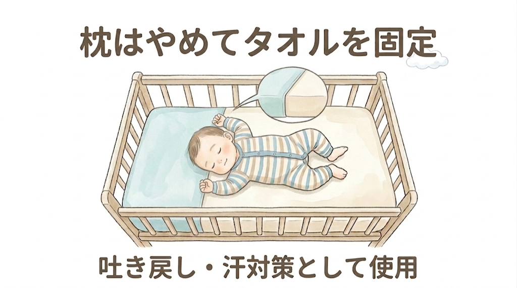 ベビーベッドで眠る赤ちゃんの下に、枕ではなく薄いタオルを平らに固定して敷いているイメージ。吐き戻しや汗対策として使っている様子を表している。