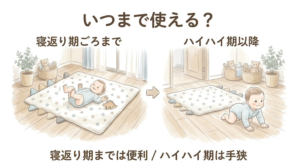 ベビーマットが向いている時期を示す比較図。寝返り期までは使いやすい一方、ハイハイが始まると手狭になりやすいことを表している。