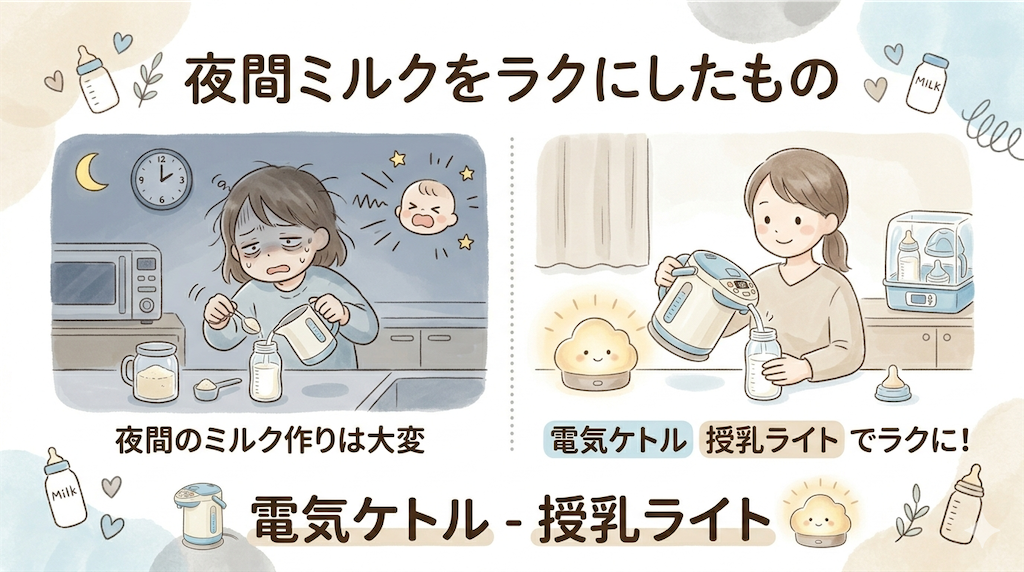 夜間ミルクをラクにしたアイテムの図解。温度調節できる電気ケトルと授乳ライトが、夜間育児の負担を減らしたことを表している。