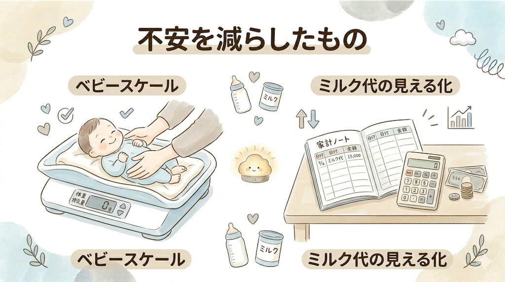 ベビースケールとミルク代の見える化をまとめた図解。授乳量や体重確認、不安軽減、家計把握に役立ったことを表している。