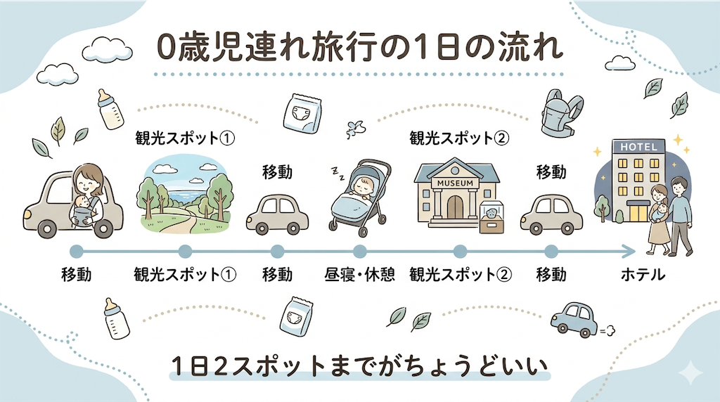0歳児連れ旅行の1日の流れを示す図解。空港2時間前到着から、授乳や休憩を挟みながら1日2スポットまで回るスケジュールを表している。