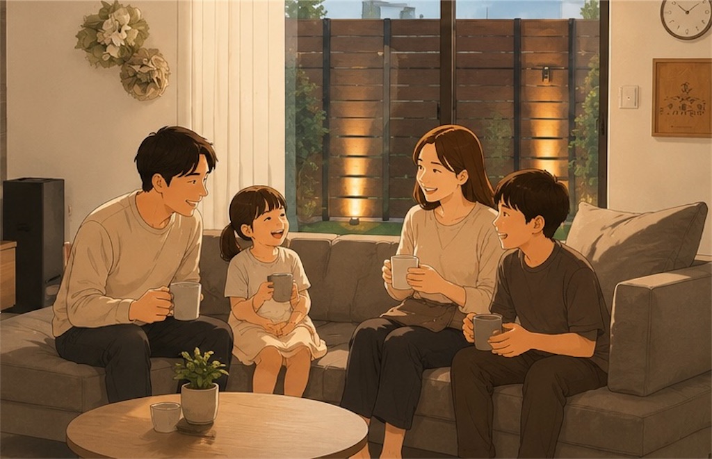 家族団欒の様子のイラスト