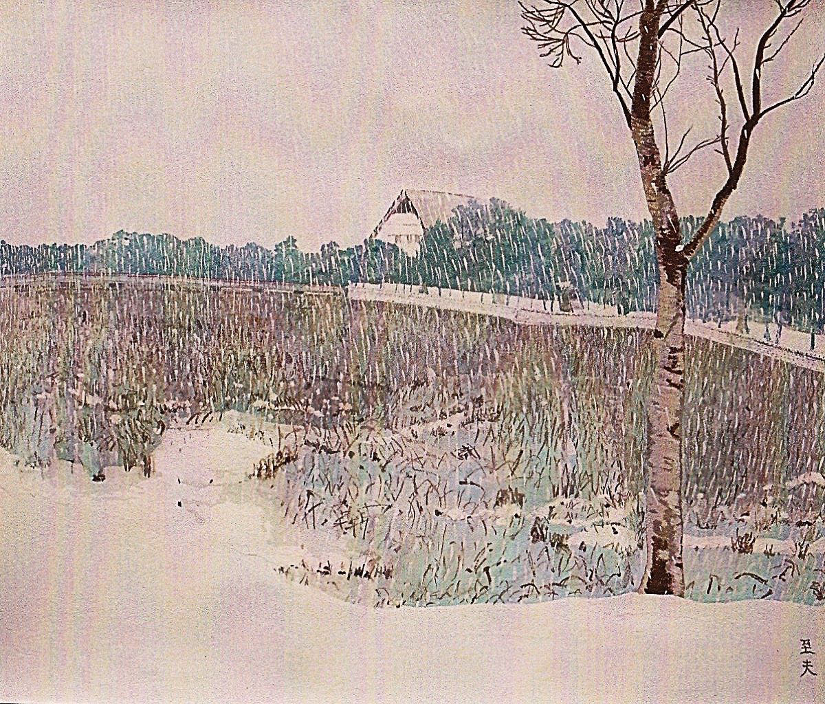 雪の降る高田公園 - 小池至夫水彩画(通称ガッシュ)の世界