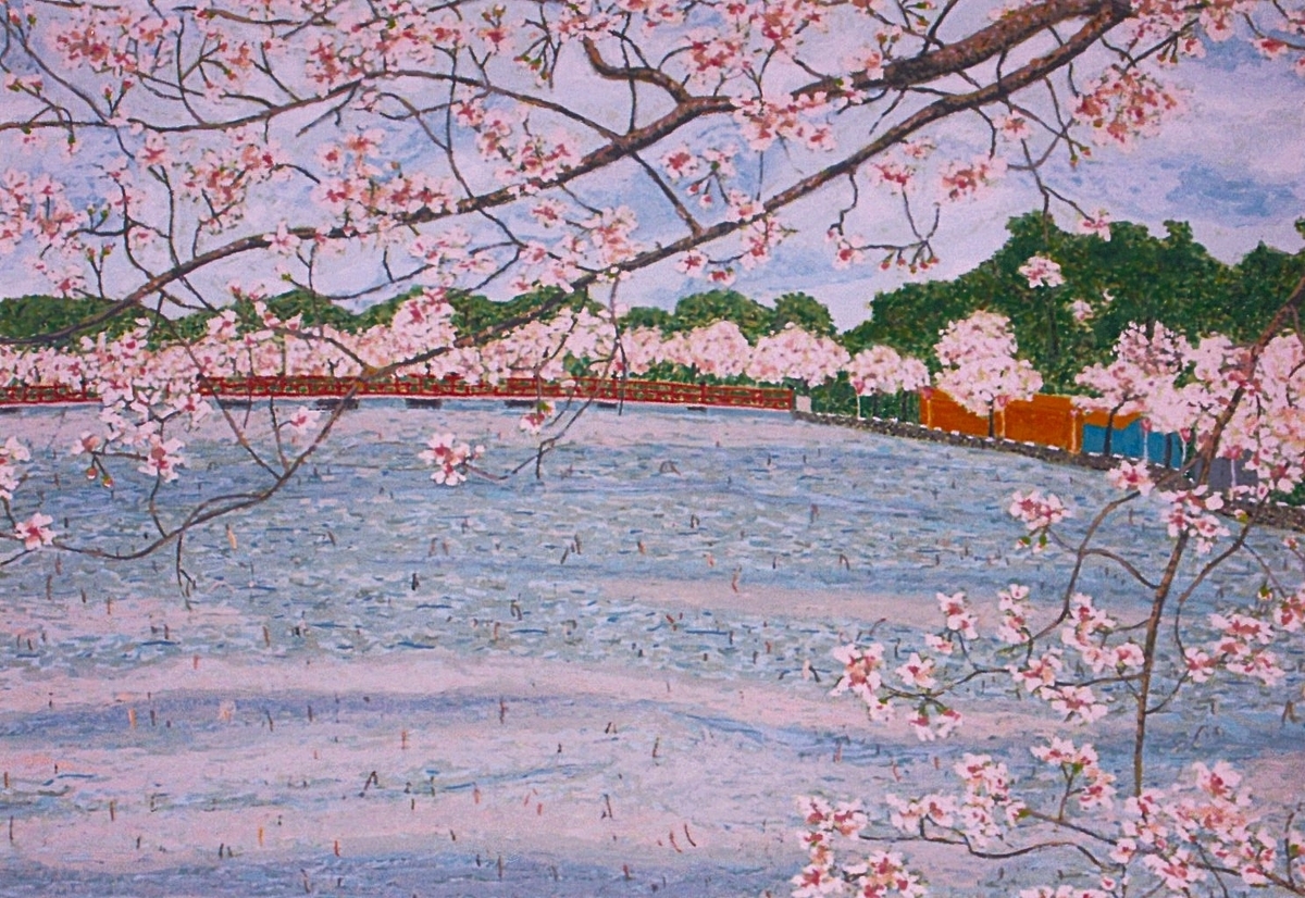 花曇りに咲く満開の桜 - 小池至夫水彩画(通称ガッシュ)の世界
