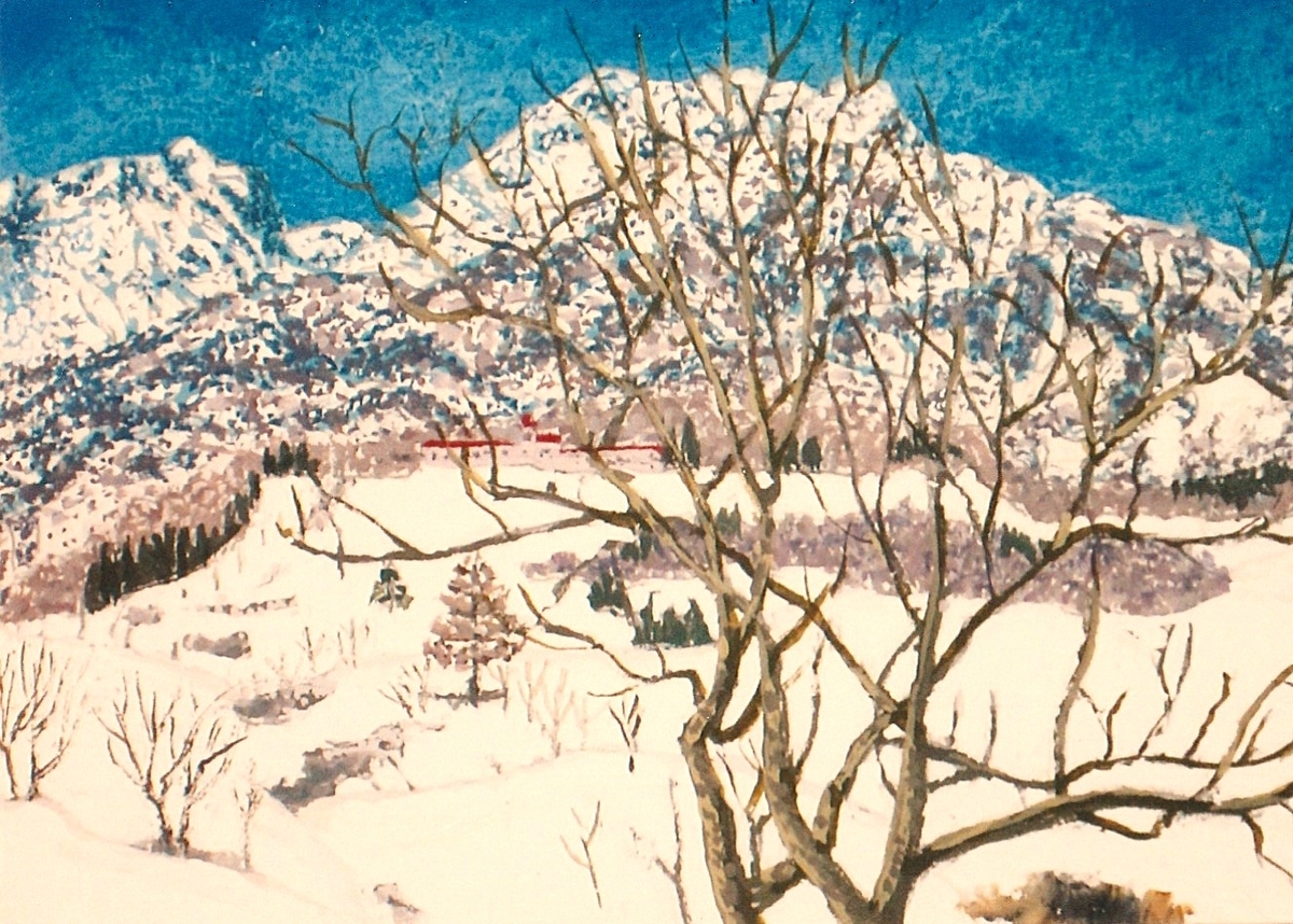 3・27妙高山春まだ早いと雪山雄姿 - 小池至夫水彩画(通称ガッシュ)の世界