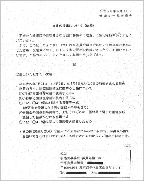 国政調査権ではなく任意での愛媛県に対する要求文書