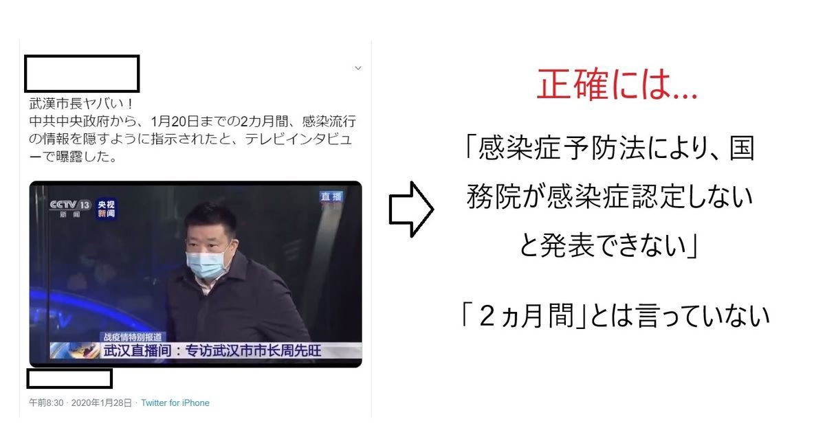 武漢市長が中央政府から２ヶ月間新型肺炎の流行を隠蔽するよう指示を受けたと言うデマ