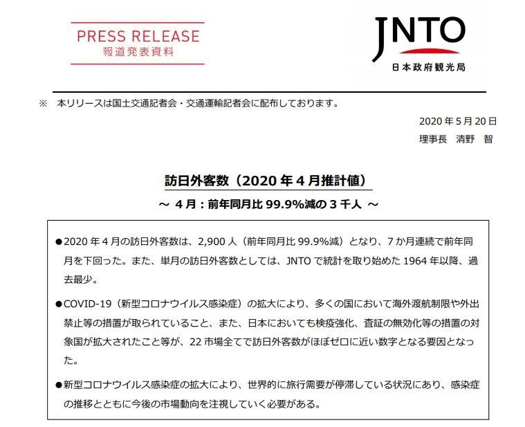 ４月の外国人訪日数が99.9％減少