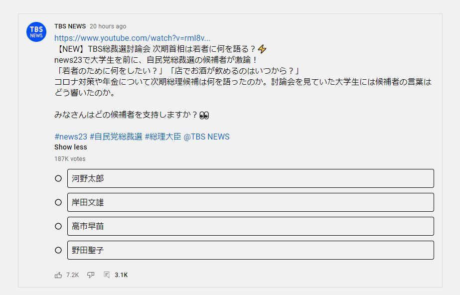 TBS総裁選アンケート高市早苗隠蔽疑惑