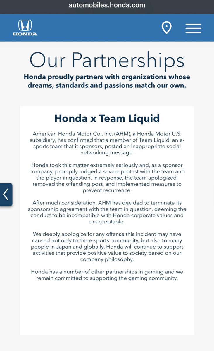 アメリカホンダ自動車のTeam Liquidとのパートナーシップ契約終了の声明