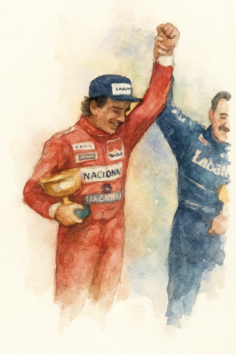 1992年モナコグランプリの表彰式。赤いレーシングスーツ姿のアイルトン・セナがトロフィーを抱え、青いレーシングスーツのナイジェル・マンセルと手を取り合い勝利を祝っている。