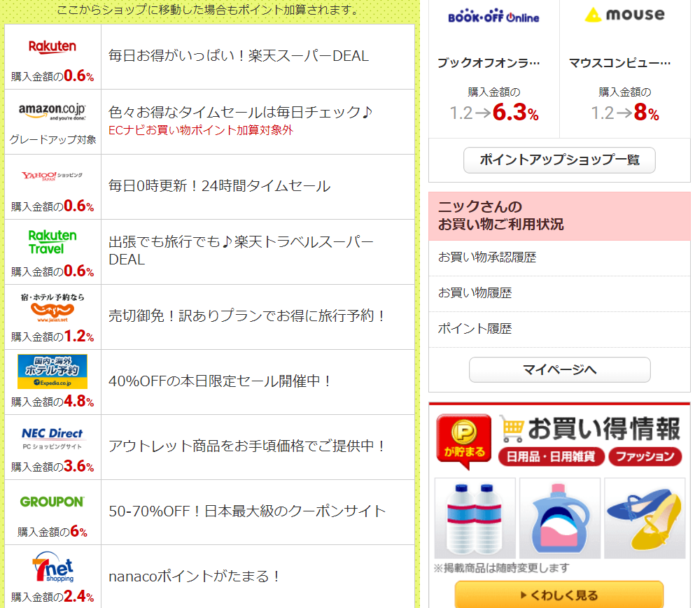 ECナビのショッピング画面