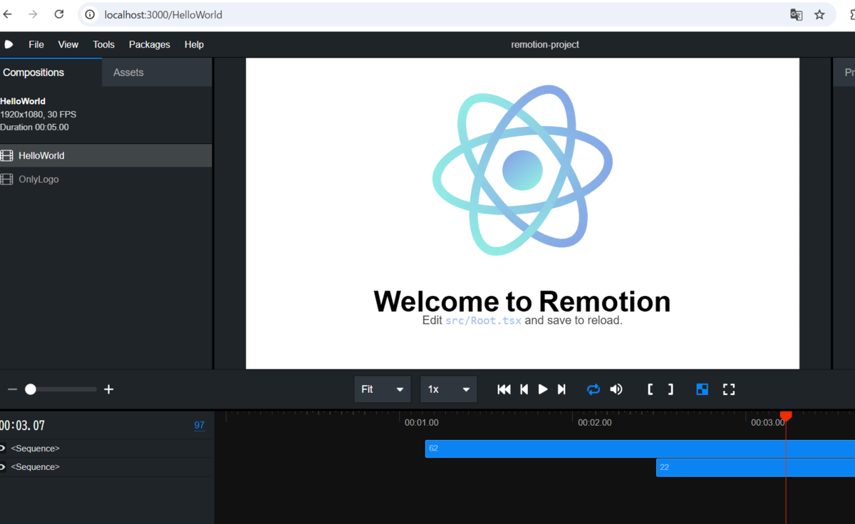 Remotion Studio の画面