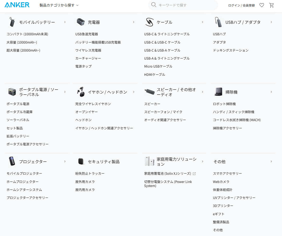 アンカーホームページにある製品一覧