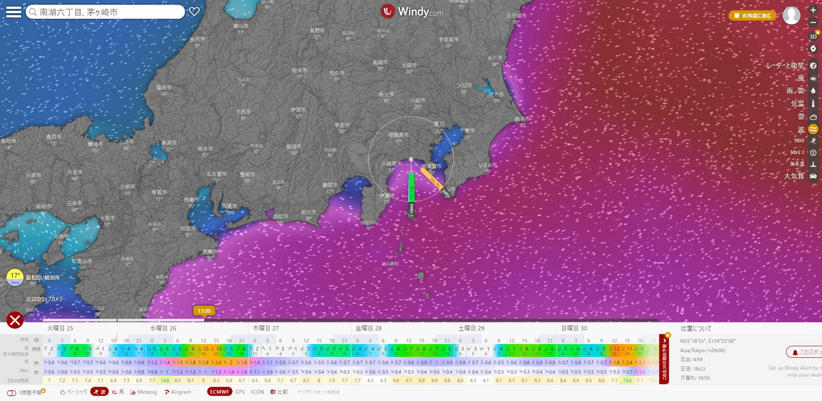 明日13:00のWindyの波予測