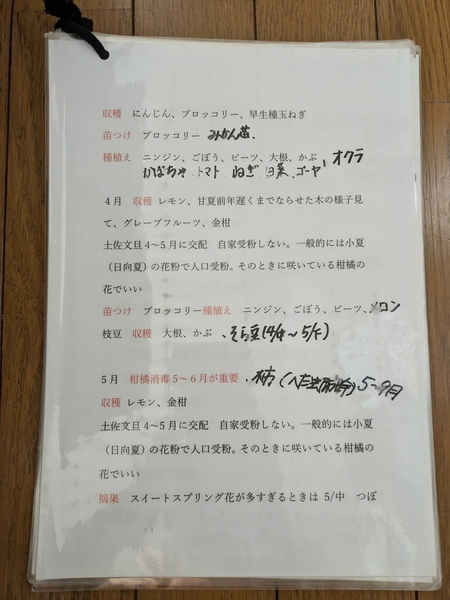 各月ごとの「収穫・肥料・剪定・苗の植え付け・種まき・摘果」などを書き込んだ年間予定表。迷った時に見返せるので重宝しています。