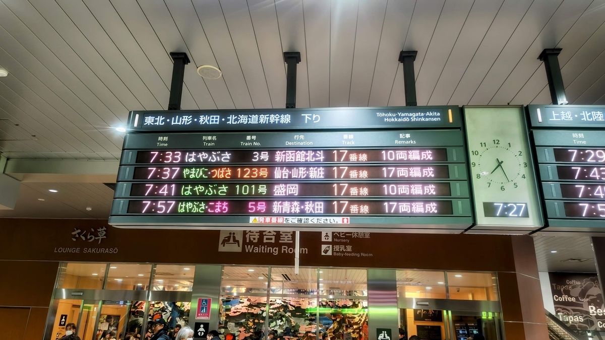 大宮駅の電光掲示板に表示された「はやぶさ3号」