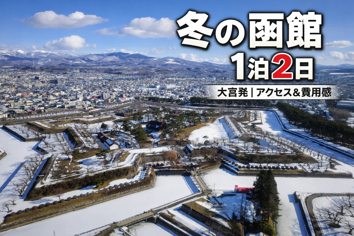 冬の五稜郭を五稜郭タワーから見下ろした俯瞰写真。文字「冬の函館1泊2日／大宮発｜アクセス＆費用感」