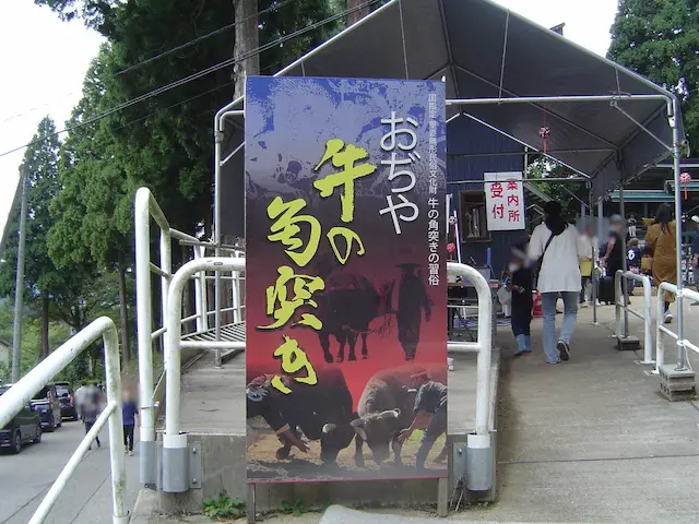 新潟県小千谷市闘牛場で行われた牛の角突きの立て看板。続々と観客が入場していく。
