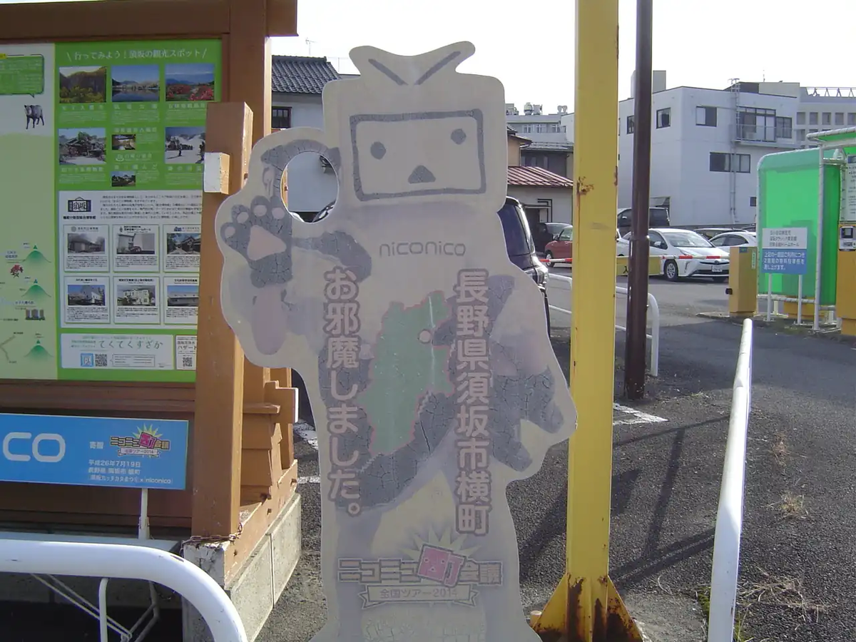 須坂市営駐車場に2014年ニコニコ町会議の顔はめパネルが！