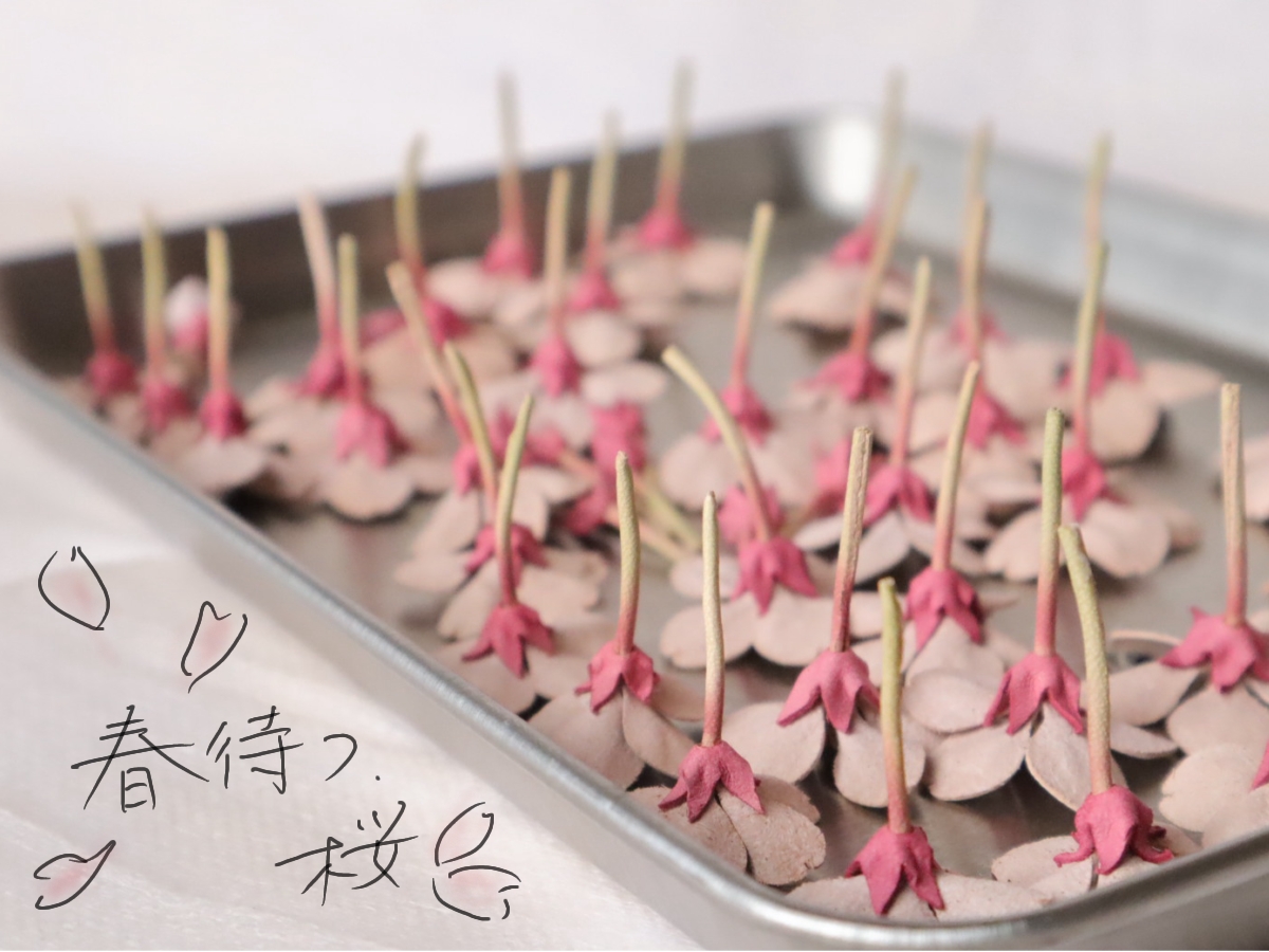 革の桜の制作過程：たくさんの花びらが並べられたトレー