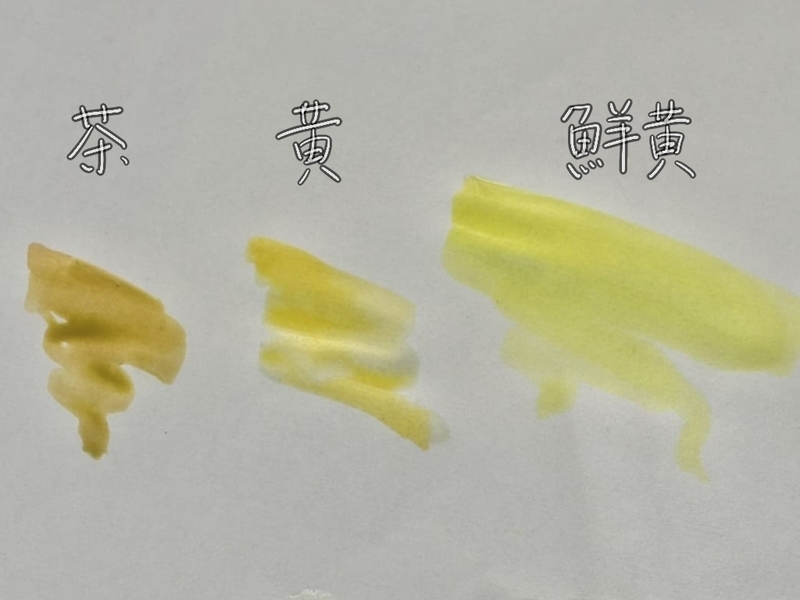 白い紙に塗られた3種類の黄色系染料（茶・黄・鮮黄）。菜の花の色を表現するために使う染料の比較。