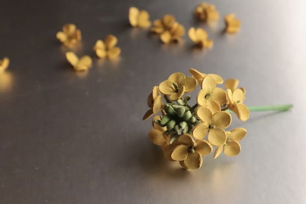 革製の菜の花と散らばった黄色い花びらが並んだ様子