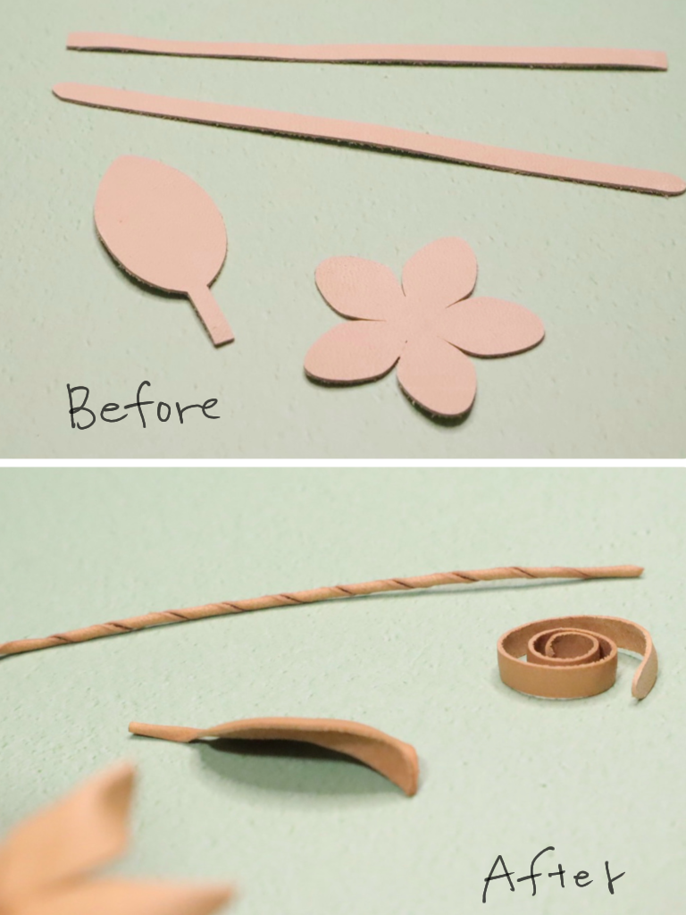 "Flat leather pieces before transformation and shaped leather elements after applying techniques like pinching, twisting, and rolling." (訳: 革の変化前と変化後。つまむ・ひねる・巻く技法を用いて立体的に成形された牛革パーツの比較。)