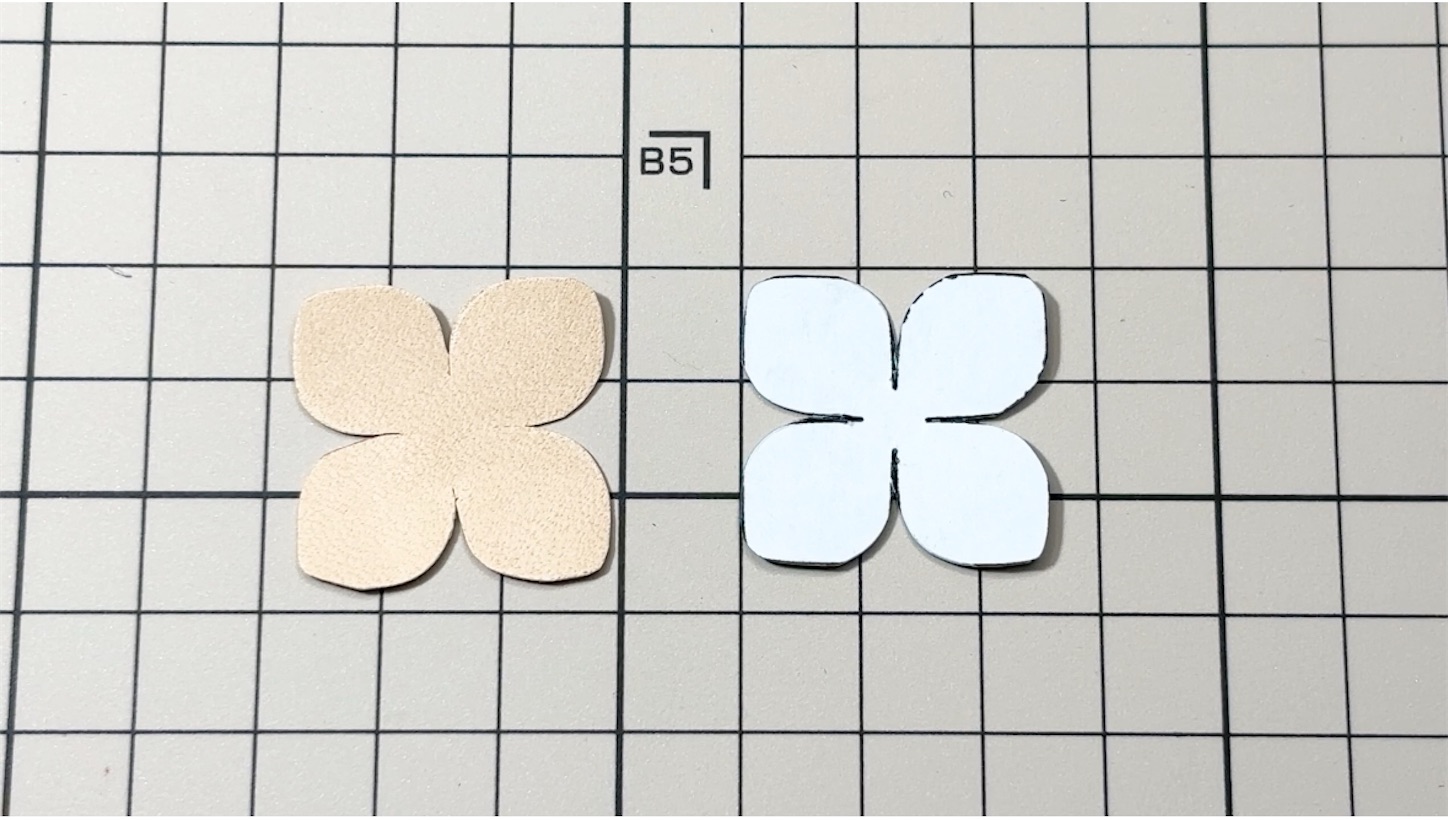 作ったあじさいの型紙と、型紙を使って切った革が並べられている