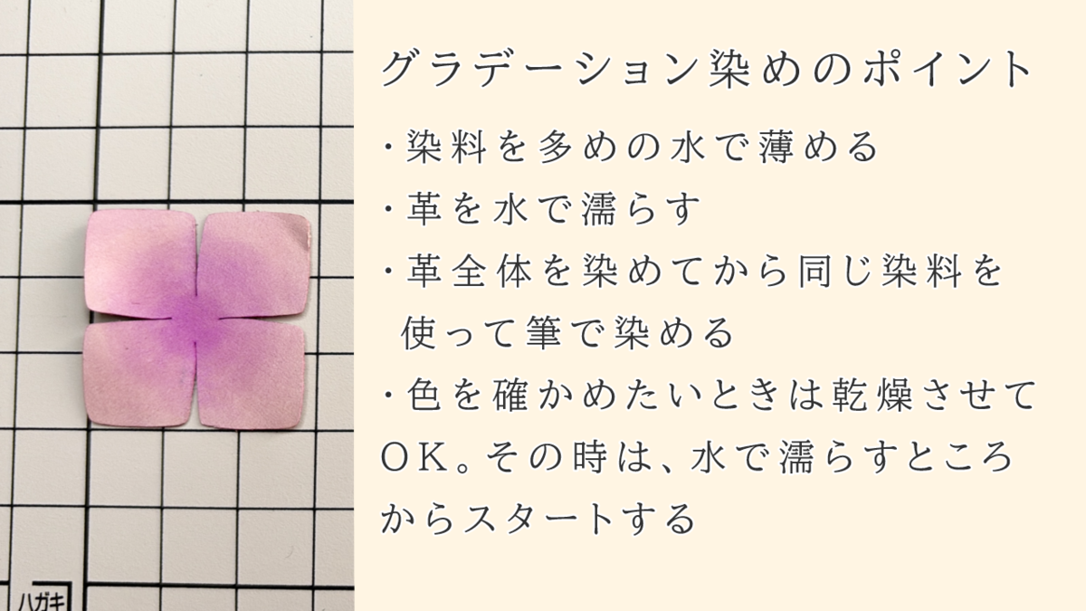 革全体を薄く染めてから筆で色を重ねる、グラデーション染めの手順とポイントを解説した画像