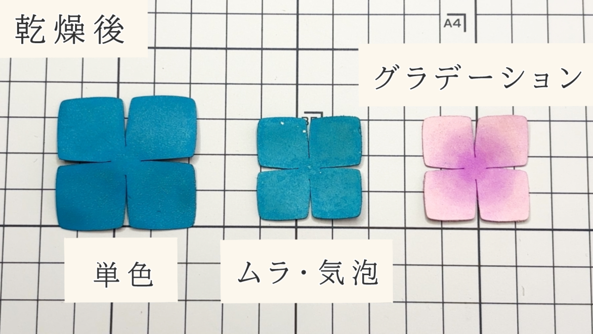 乾燥後の革の状態を比較した画像。左から単色染め、ムラのある染め、グラデーション染めの違いがわかる
