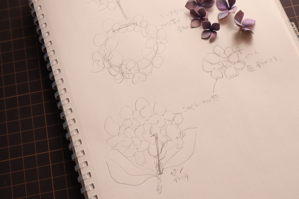 あじさいアクセサリーのデザインラフスケッチと試作花びら